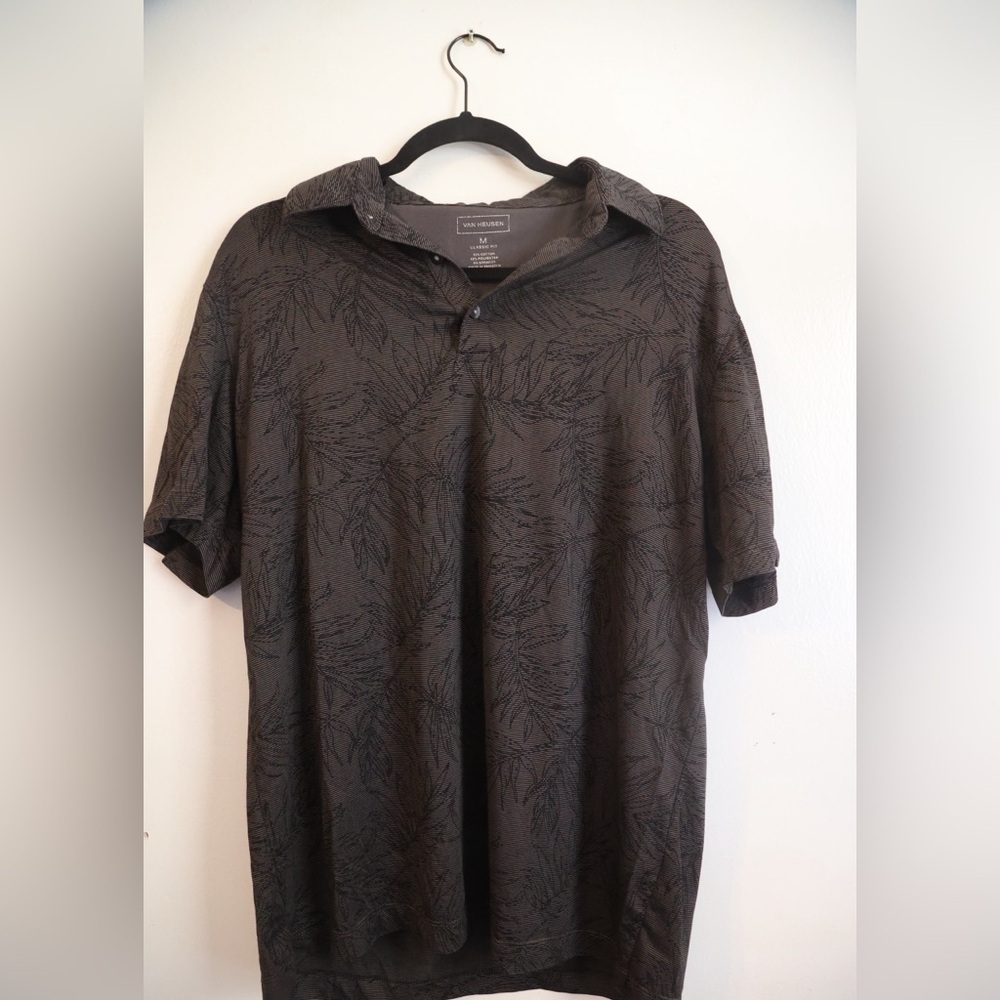 Van Heusen Men’s Polo Shirt Leaf Print Gray Black Classic Fit Size M